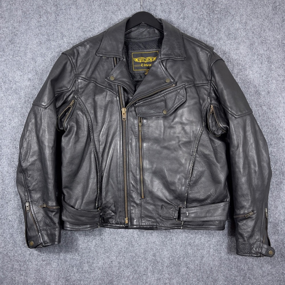 UNIK Ultra Leather Motorcycle Jacket Mens 46 Black Asymmetrical Zip Biker Moto